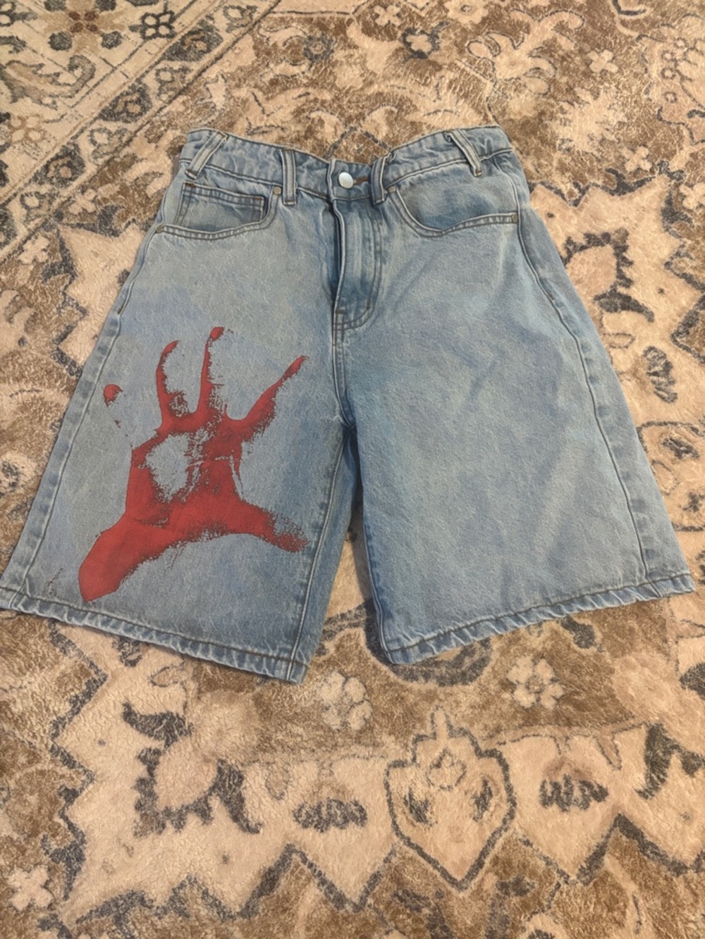 Men's Light Blue Denim Shorts with Red Graphic